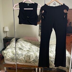 Black Women's flower cutout bell bottom festival vacation Set